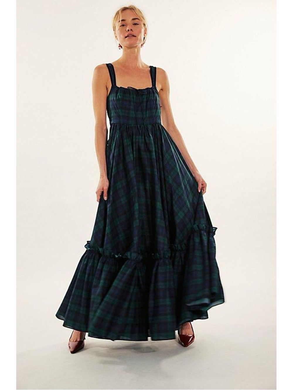 SELKIE x Free People Staycation dress in blue green plaid, Small